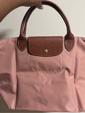 Longchamp Pink Tote with Brown Leather Trim